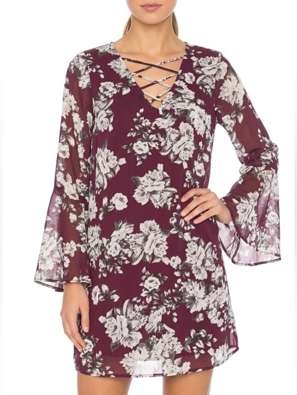 Speechless Burgundy Floral Lace Up Bell Sleeve Boho Shift Dress Women Size Large